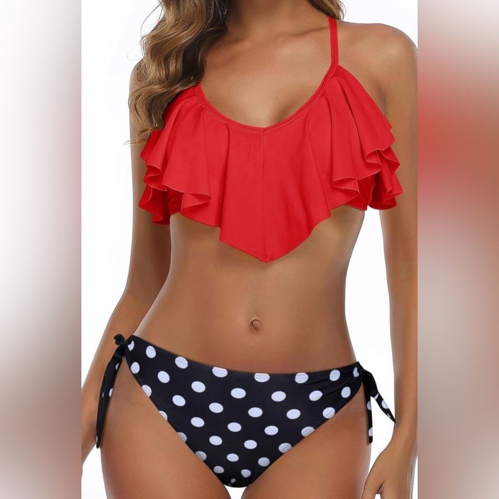 NWT Tempt Me Sexy Red Polka Dot 2pc Ruffle Flounce Bikini Swimsuit Women’s XS